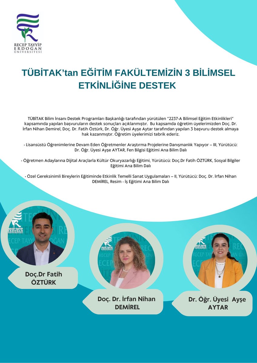TÜBİTAK’tan 3 bilimsel etkinliğimize destek. Koordinatör Hocalarımızı ve ekiplerini tebrik ederiz.⁦<a href="/RTEUniversite/">Recep Tayyip Erdoğan Üniversitesi</a>⁩