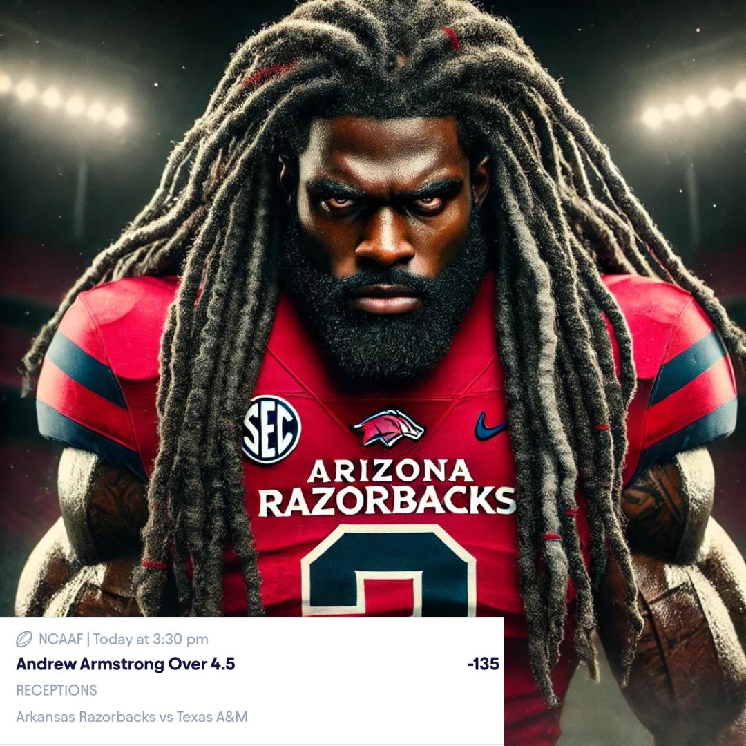 Andrew Armstrong Over 4.5 Receptions

He has been a consistent target for Taylen Green, seeing 13, 13, and 10 targets over three games, with 10, 8, and 5 receptions. He faces Texas A&amp;M, ranked 115th in pass coverage by PFF. With the Aggies focused on stopping the run.