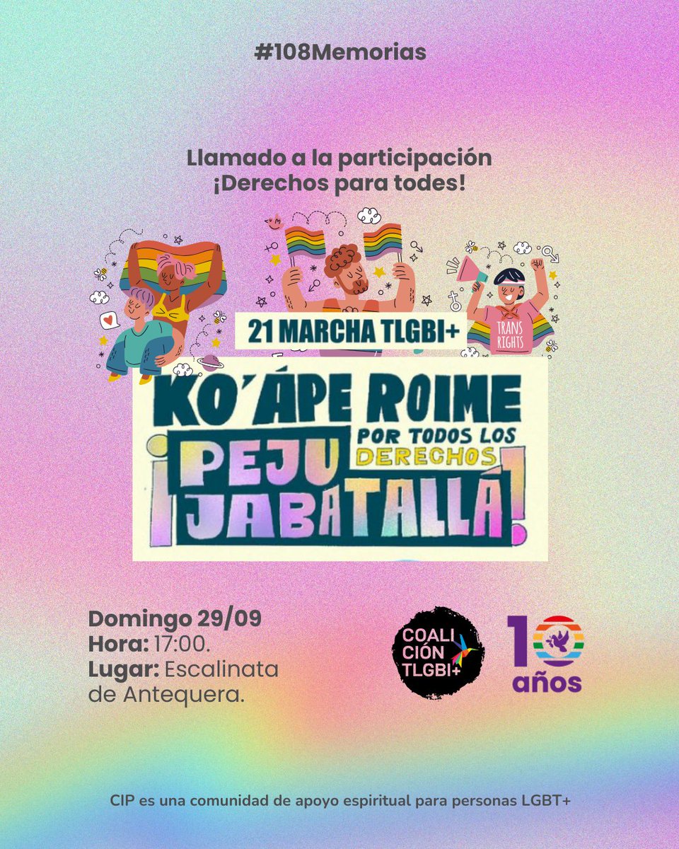 🏳️‍🌈 La comunidad tiene actividad este finde 🏳️‍⚧️
☝️ Mañana domingo 29 marchamos por nuestros derechos 📌

Esta actividad es organizada por @coaliciontlgbi
Les esperamos a todes 🤩
...
#108Memorias #orgullopy #21MarchaTLGBI #CIP