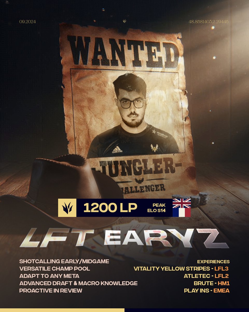 [𝑳𝑭𝑻 𝑱𝑼𝑵𝑮𝑳𝑬]

Hello everyone, I am free agent and looking for a team in 2025

Mainly looking for ERL 1 or major ERL 2
VODs and more infos on DMs or discord : earyz
🇫🇷/🇨🇿 LTR

lolpros.gg/player/earyz
RT 🔄 and Likes appreciated ❤️❤️