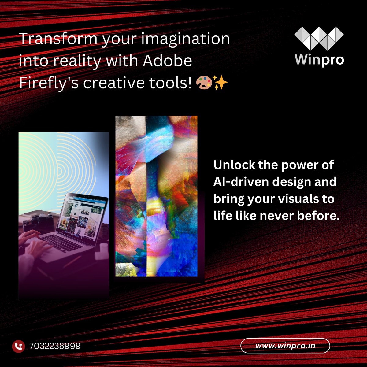 Winprosoftech's tweet image. Transform your imagination into reality with Adobe Firefly&apos;s creative tools! 🎨✨

Unlock the power of AI-driven design and bring your visuals to life like never before. 💡🔥

#AdobeFirefly #AIArt #DigitalCreativity #DesignInspiration #CreativeTools #GraphicDesign