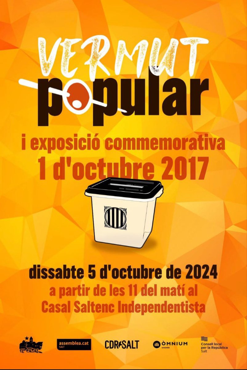 🗳️A Salt també vam votar i vam guanyar 🗳️

✅El mandat de l'#1oct17 segueix vigent. Hi som i el reivindicarem fins a assolir la independència. 

📅 DISSABTE 5 D'OCTUBRE 
⏰ 11h a 13:30h
📍 AL CASAL SALTENC INDEPENDENTISTA. #RepublicaCatalana