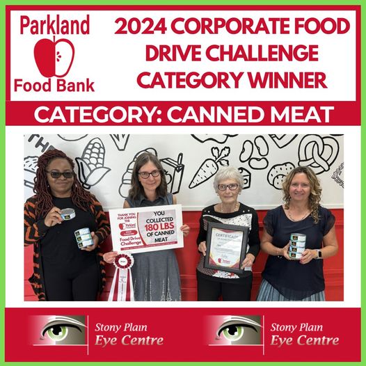 Congratulations to Stony Plain Eye Centre  for winning their category in the 2024 Corporate Food Drive Challenge! Throughout August, their team united to gather 180lbs of Canned Meat! This incredible achievement reflects their strong spirit of community and teamwork!