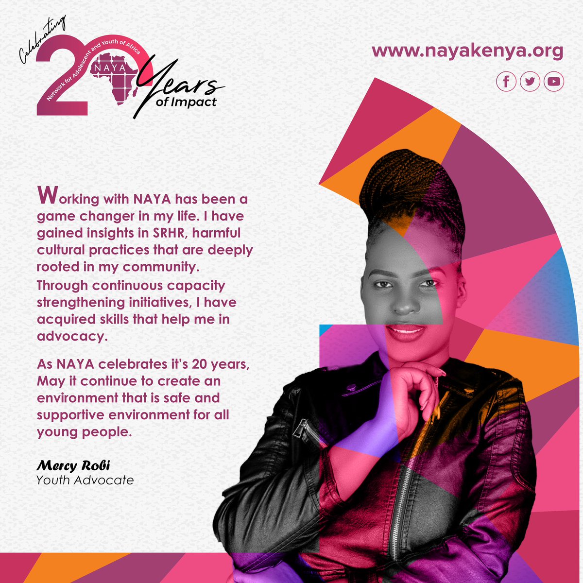 NAYAKenya's tweet photo. As @NAYAKenya celebrates 20 years of active involvement in shaping young people’s participation in upholding the Constitutional guarantee to the highest attainment of health standards, add your voice, &amp; we shall certainly spotlight some of them.
#NAYAat20 
#NAYA@20
#NAYAVoices https://t.co/yO1qi7cK87
