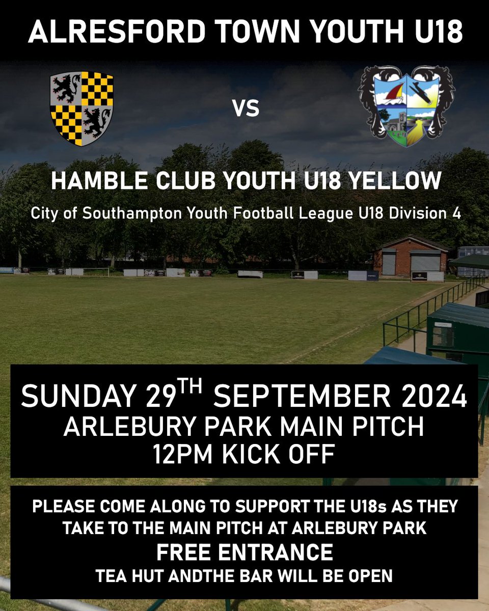 Just a reminder that the U18s are on the main pitch at Arlebury Park tomorrow, kick off 12PM, so please come along to support the boys! Tea hut and bar will be open and free entry!