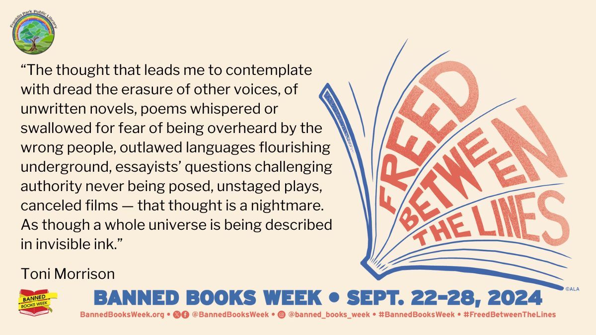 Have you ever read a book that was banned or challenged? We've been recognizing Banned Books Week all week and hope you will continue celebrating your Freedom to Read when you “Freed Between the Lines”. #BannedBooksWeek #BannedBooksWeek2024
