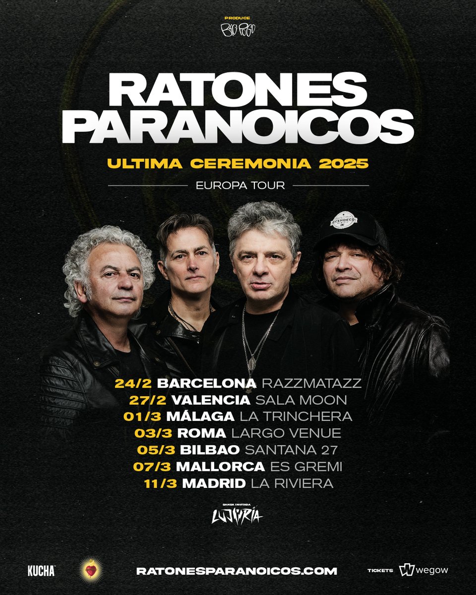 RATONES PARANOICOS EN ESPAÑA 🔥

Durante los primeros meses de 2025 la banda de rock argentina estará de gira por nuestro país 😱🎸

Apúntate ya y compra tu entrada en #Wegow 📲 i.mtr.cool/rfscvvejwv