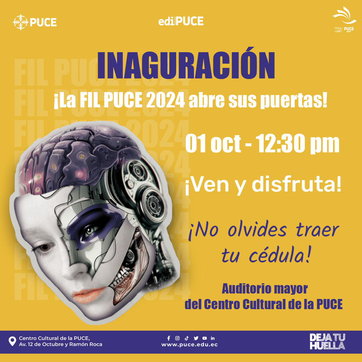 Editorial PUCE (@publicapuce) on Twitter photo 🎉Te invitamos a la inauguración de la FIL PUCE 2024🎉
🔥Ven este martes 1 de octubre a las 12h30 al Auditorio mayor del Centro Cultural de la PUCE y celebra con nosotros 🔥
#feriadellibro#CulturaLiteraria #FILPUCE2024#ferias#arte 🎉Te invitamos a la inauguración de la FIL PUCE 2024🎉
🔥Ven este martes 1 de octubre a las 12h30 al Auditorio mayor del Centro Cultural de la PUCE y celebra con nosotros 🔥
#feriadellibro#CulturaLiteraria #FILPUCE2024#ferias#arte