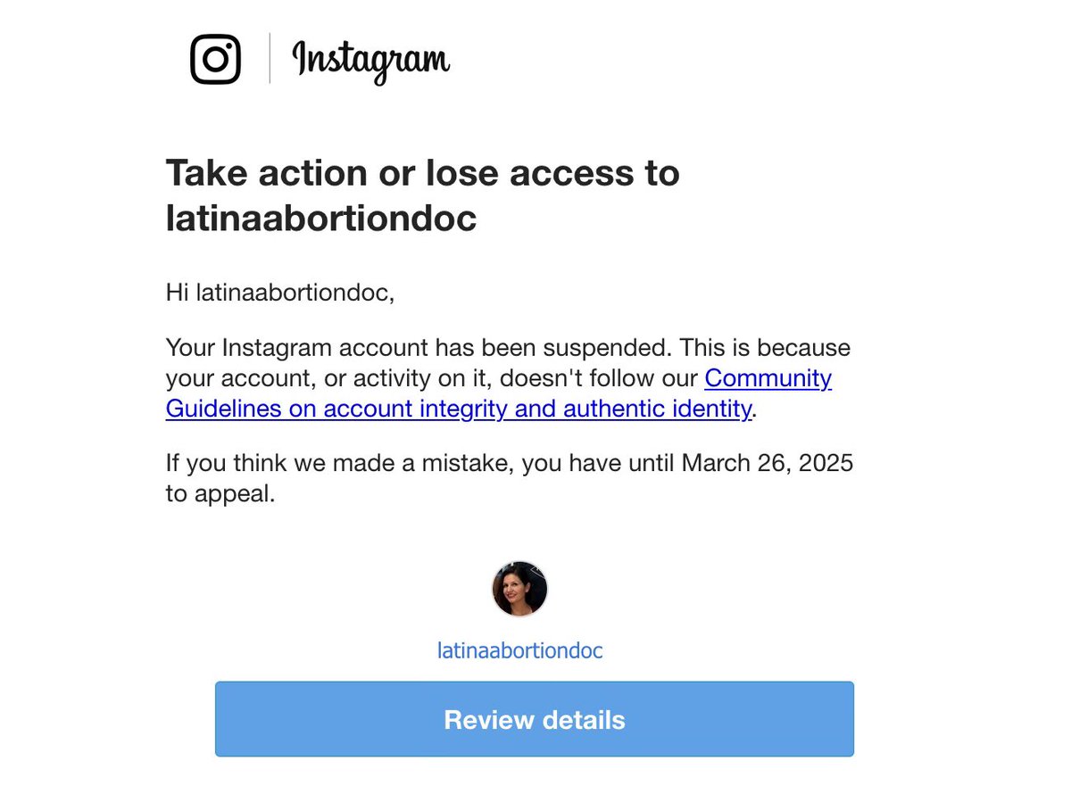 Guys, I just had my new IG account suspended bc it contains “abortion” in the username. 

I didn’t even get to post anything. 

Need I remind <a href="/Meta/">Meta</a> that abortion is a safe and extremely common medical procedure 1/🧵