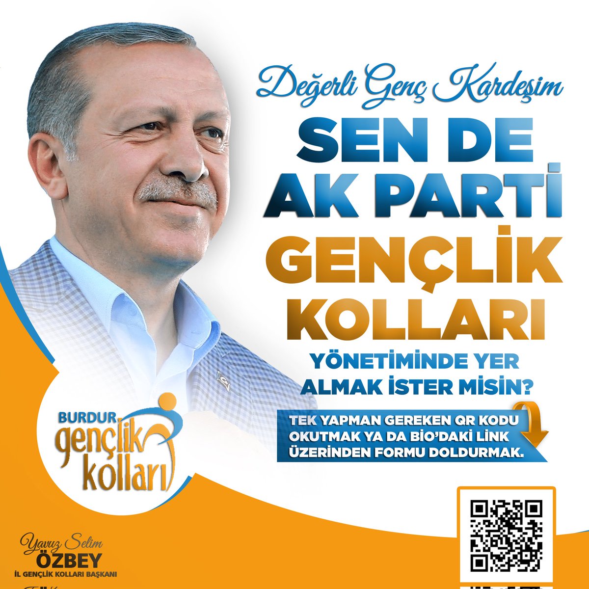 Değerli Genç Kardeşim sen de AK Parti Gençlik Kolları Yönetiminde yer almak ister misin?
Tek yapman gereken QR kodu okutmak ya da Bio'daki link üzerinden formu doldurmak.
Haydi gel Türkiye Yüzyılı'nı beraber inşa edelim...
akform.akparti.org.tr/Form/index/6d9…