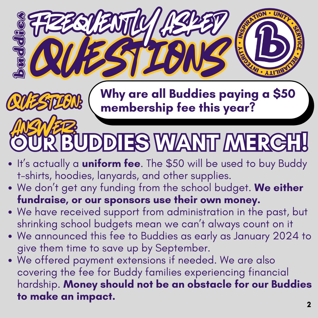 Our Membership fee will be used to buy shirts, hoodies, lanyards, and more items for our members. It is really a UNIFORM fee, and we’ll be calling it that from now on. Plus, paying the fee does not make you a Buddy—you have to earn that, and maintain that position with us.