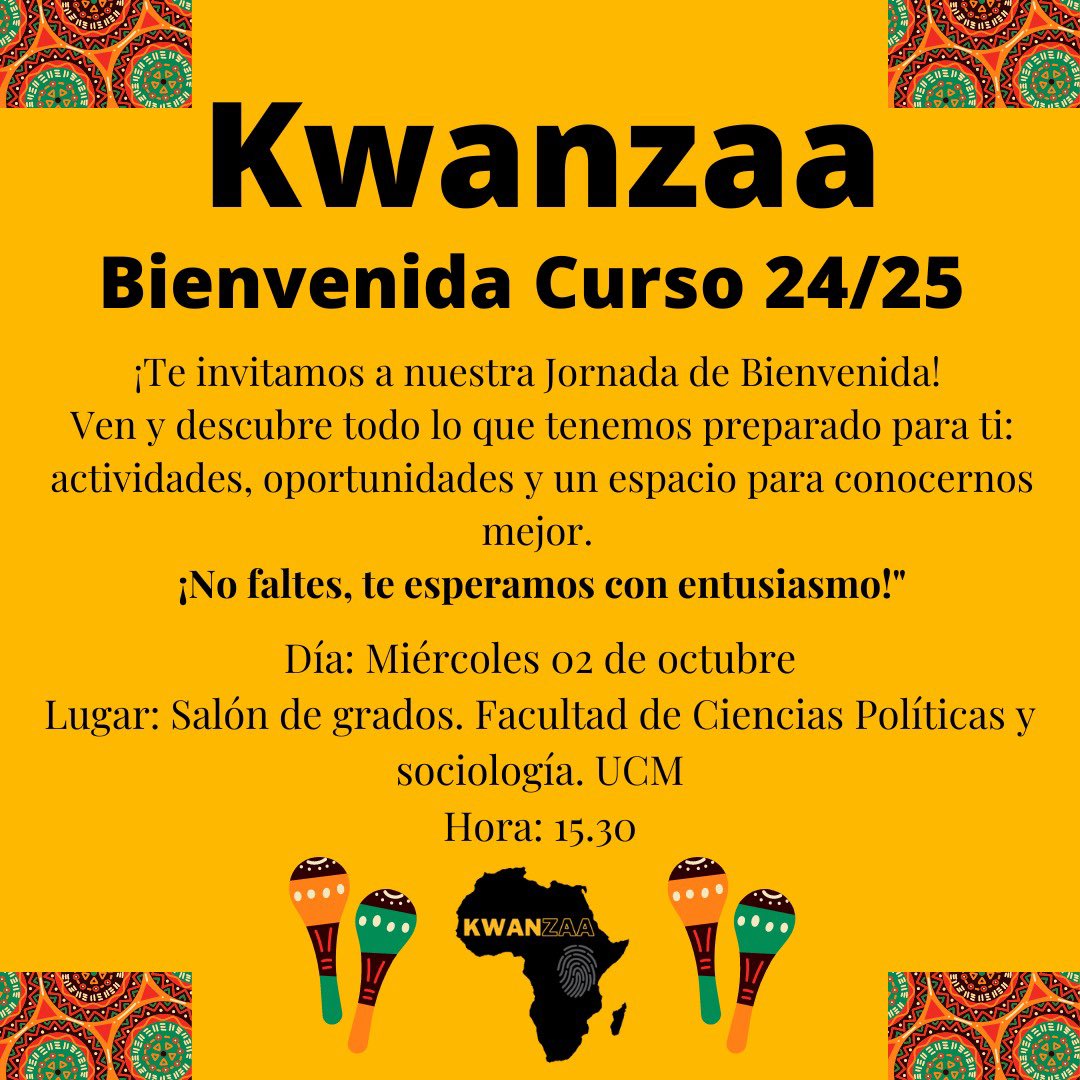 Este miércoles a las 15.30 tenemos la bienvenida de Kwanzaa!! ven a conocenos en la Facultad de Ciencias Politicas🤎