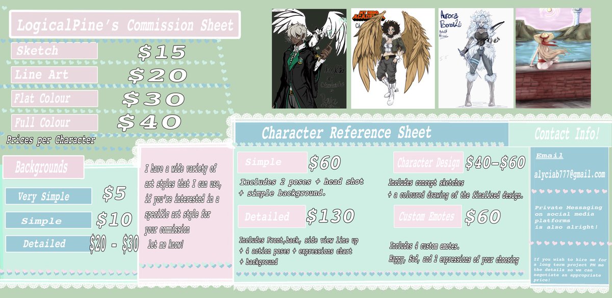 logicalpine199's tweet image. I’m posting my commissions sheet so I stop losing it. The art work on it is really old but the prices are up to date.
I’ll make a new one eventually ☺️