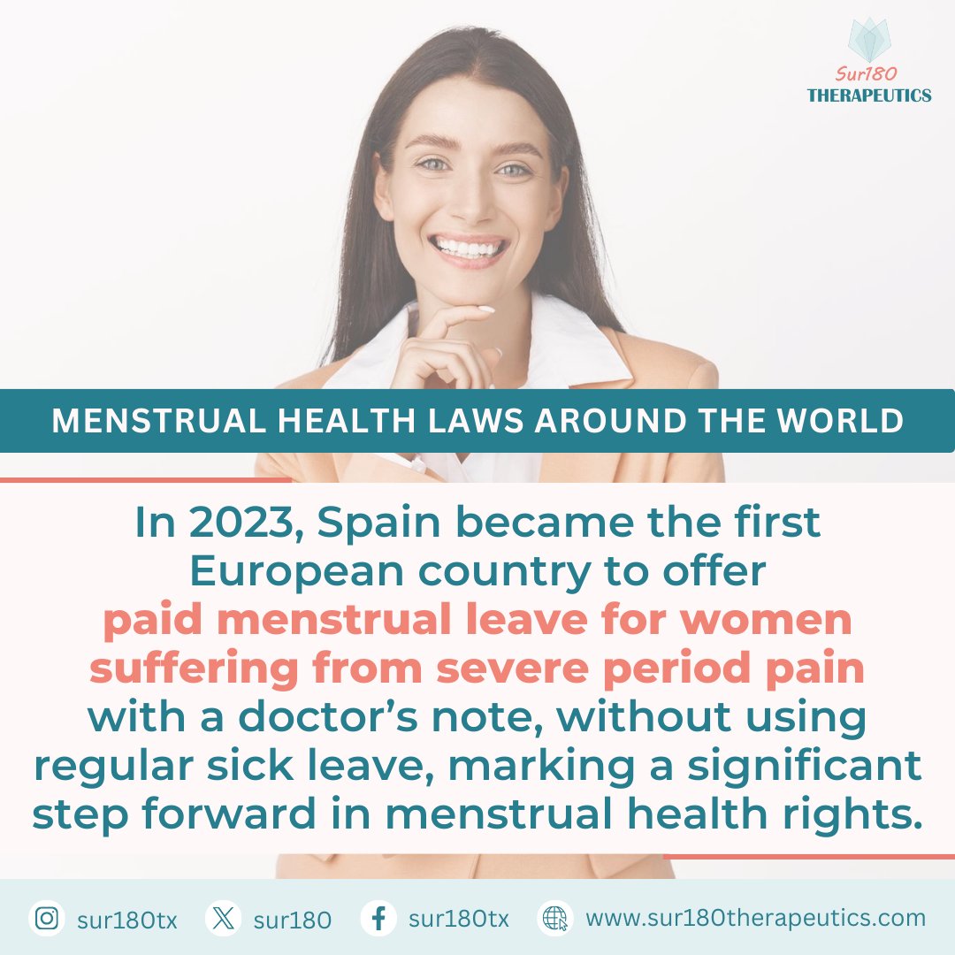 Spain’s new paid menstrual leave policy is a major win for women’s health rights! It recognizes the impact of periods on productivity &amp; well-being. Let’s push for more countries to implement similar policies. #MenstrualLeave #WomensHealth #Equality #Sur180Therapeutics