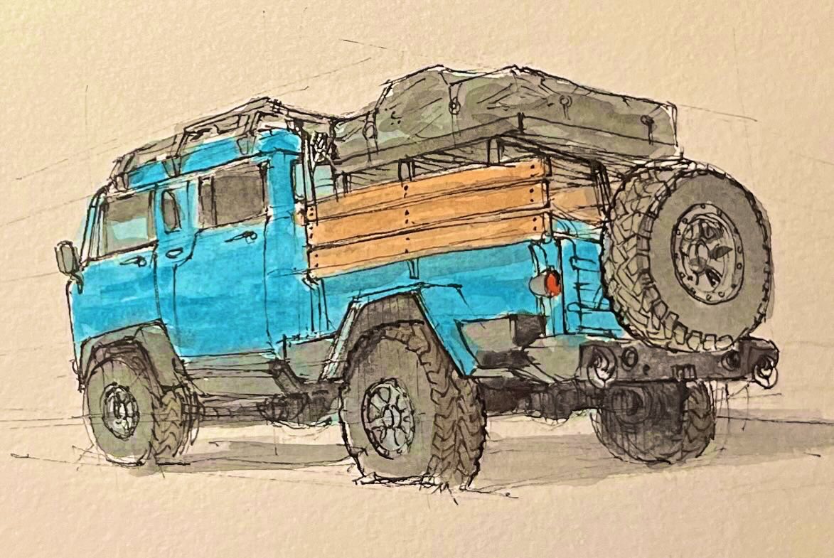 Jpaxart's tweet image. Sketch study of a 1964 Jeep M677 overland custom build I found on Pinterest 
#sketchbook #dynamicsketching #watercolors #art #vehiclesketch #jeep #overlanding #JeepM677
