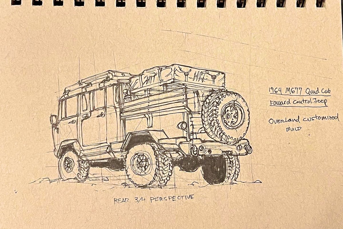 Jpaxart's tweet image. Sketch study of a 1964 Jeep M677 overland custom build I found on Pinterest 
#sketchbook #dynamicsketching #watercolors #art #vehiclesketch #jeep #overlanding #JeepM677