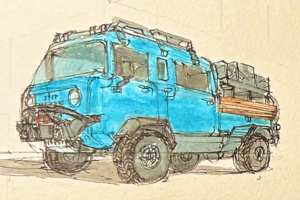 Jpaxart's tweet image. Sketch study of a 1964 Jeep M677 overland custom build I found on Pinterest 
#sketchbook #dynamicsketching #watercolors #art #vehiclesketch #jeep #overlanding #JeepM677