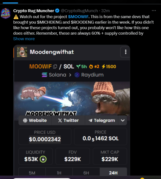 TacoCartelGang's tweet photo. Nobody want to talk about this dude doing blatant daily scams with #dexscreener golden tickers?

Surely this should be huge coverage on $SOL #Solana 

$MOOWIF #MICHDENG #ROODENG #POPDENG 

https://t.co/NkU0qWytsu https://t.co/4tcQNRx5k9