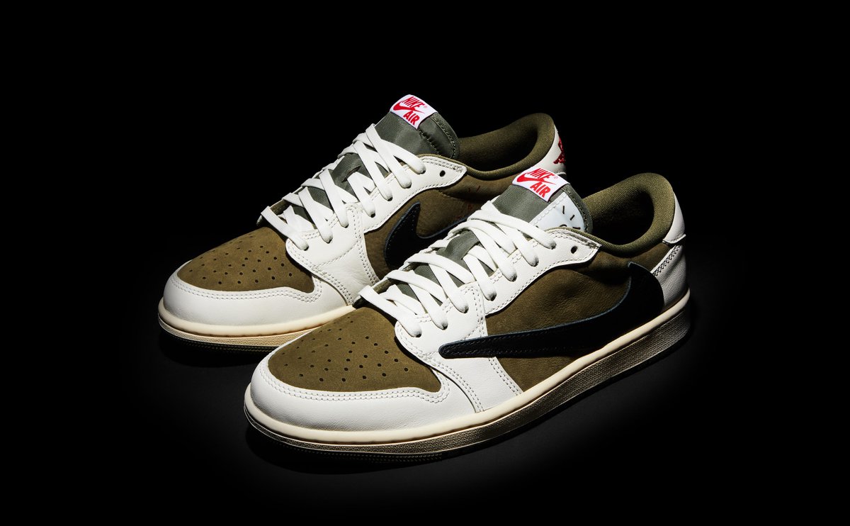 flightclub's tweet photo. The Travis Scott x Jordan 1 'Reverse Olive' resumes Jordan Brand's chart-topping partnership with the Houston rapper. Pops of red Nike branding and Cactus Jack heel graphics complete the collab.

Shop now: https://t.co/Ly76bBotXJ https://t.co/iI7Hk7NEQ5