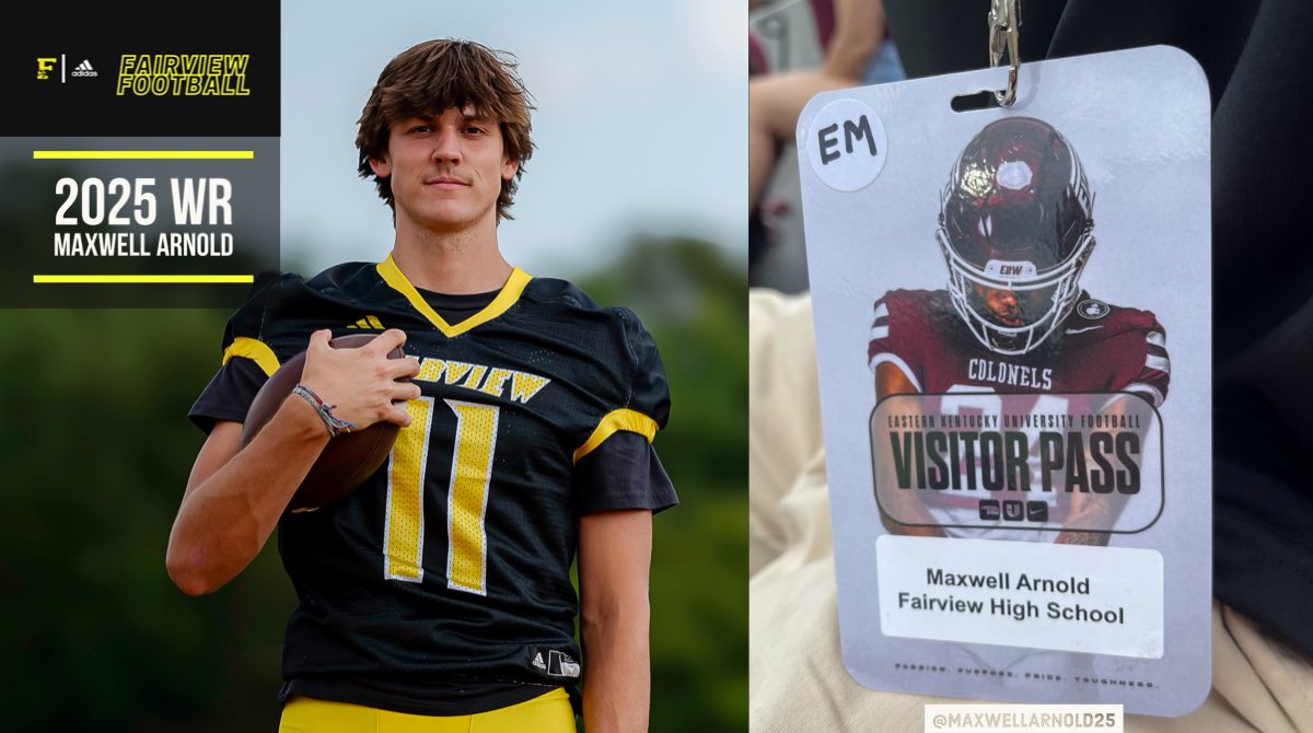 🚨 WR Maxwell Arnold from Fairview on official game day visit at Eastern Kentucky University today. 📣 Go Colonels! 

<a href="/TnVarsity/">TN Prep Varsity</a> <a href="/MidTNfootball/">TN Prep Football</a> <a href="/wcsFVHSfootball/">Fairview Yellow Jacket Football</a> <a href="/wcsCOAthletics/">WCSsportsConference</a> #CSS 

#E2W | #MatterOfPride