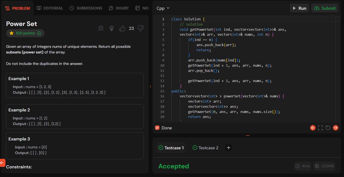 akshkumart's tweet image. Day 132:
TUF+ Q. Power Set (recursion)
Q. Count all subsequences with sum K (recursion)
#200daysofcodechallenge #connect