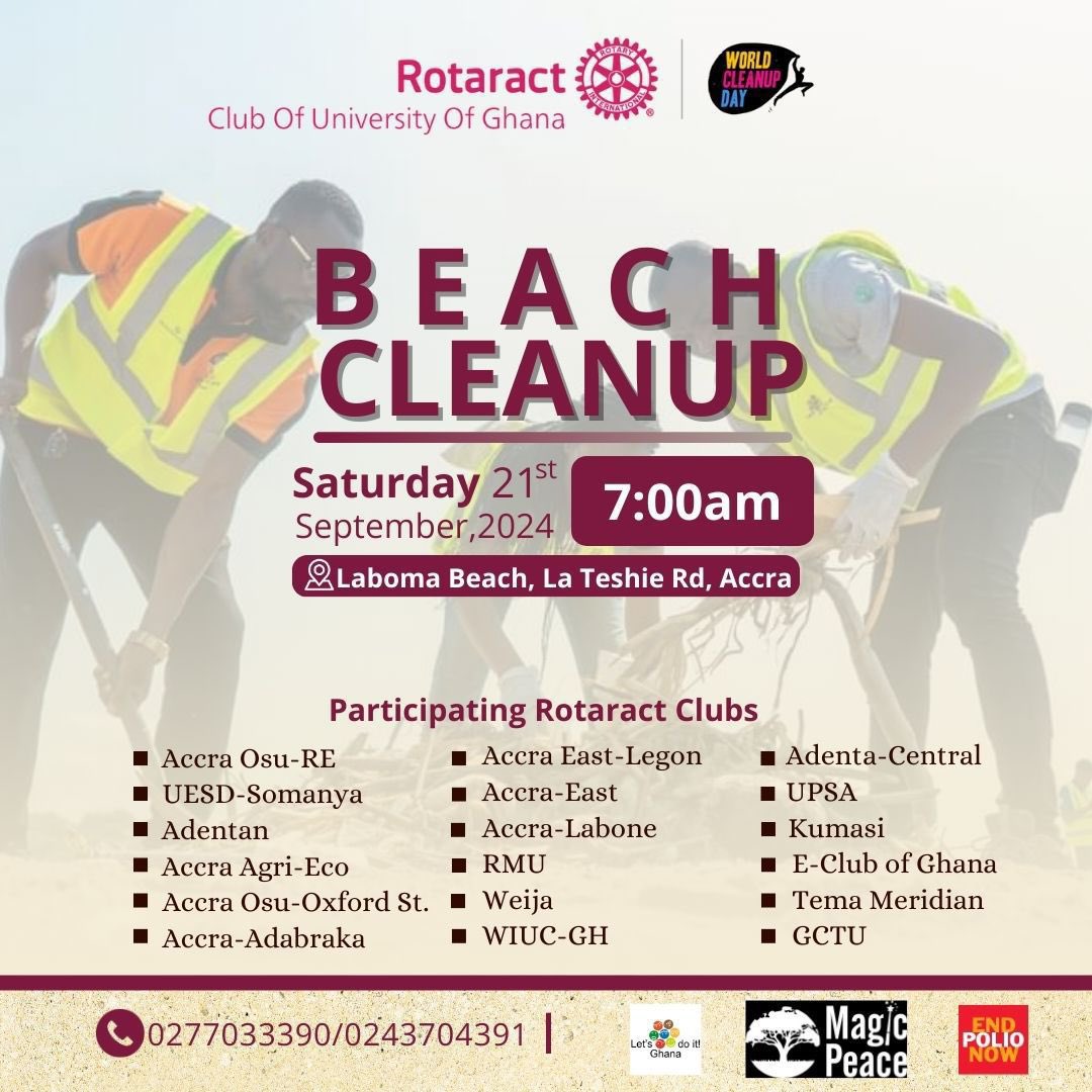 RocWeija's tweet photo. We proudly represented at National Volunteers Day, coming together with fellow Rotaractors to clean up Laboma Beach and make a difference! 🌍🧹 

Let's continue to uphold the spirit of service and protect our environment for a better future. 

#RotaractD9104 
#WorldCleanUpDay https://t.co/fB8U6IQBPD