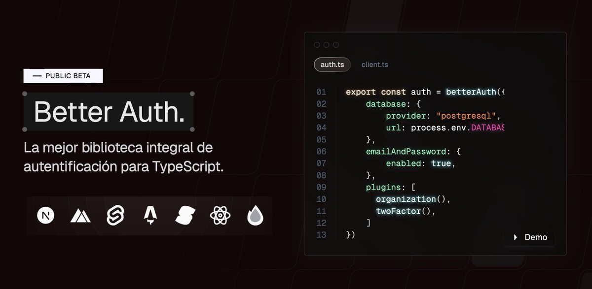 ¡Nueva biblioteca de autenticación para tu web!

Añade usuarios en minutos muy fácil:
✓ Gratis y de código abierto
✓ React, Vue, Svelte, Astro, Solid, Next.js, Nuxt...
✓ Sesión con X, GitHub, Meta, Google, Discord y más

$ npm install better-auth