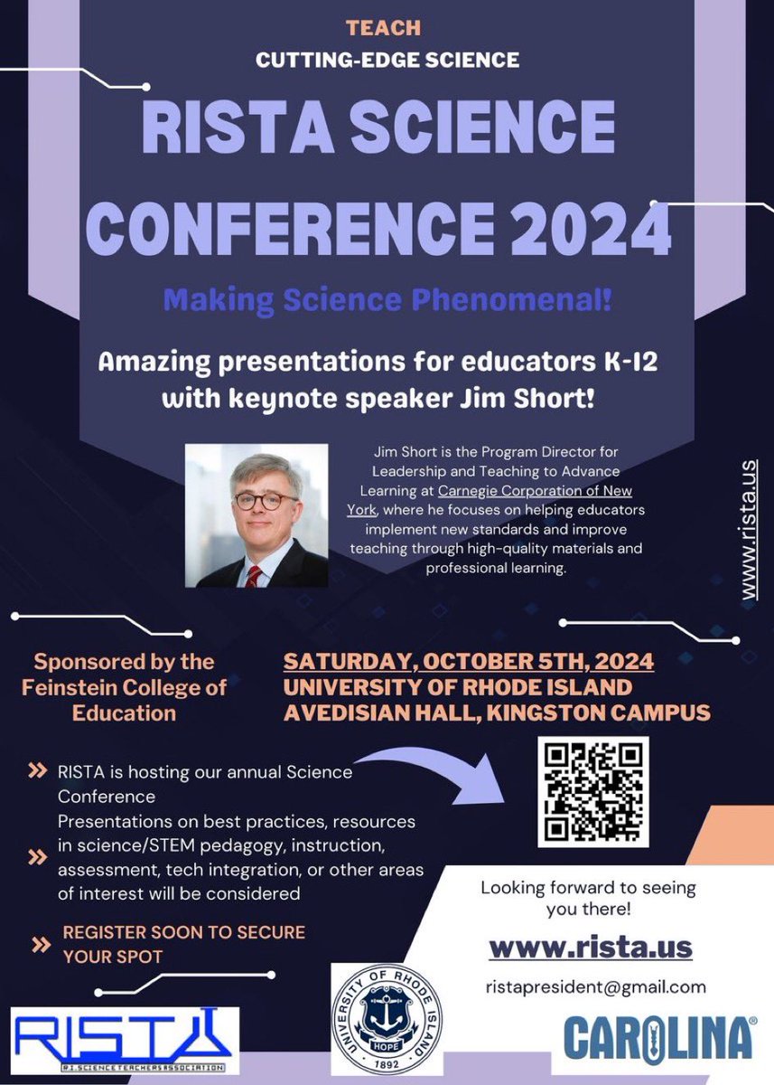 Don’t miss this!! RISTA Conference is a week from today- October 5th <a href="/universityofri/">URI</a> With K-12 focused sessions and insights from Jim Short’s keynote, this is an event not to be missed by any educator. Check out program &amp; register at RISTA.us