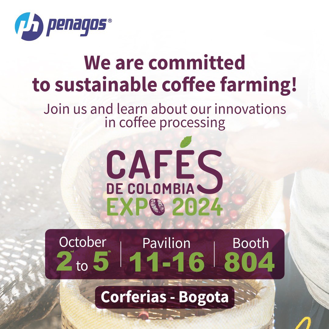 ¡La pasión por el café nos une una vez más! Este año estaremos en #CafésdeColombiaExpo ☕️en el Stand 804 del pabellón 11-16, donde encontrarán nuestra innovación y tecnología para el procesamiento del café.🤩

#Penagos #coffeeprocess #coffeeprocessing #agriculture