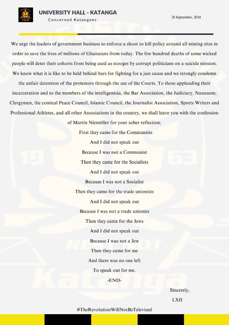 The highest office of Katanga has spoken.
No Fellow shall participate in the October 3 demo. 

Long Live Kat Odiif