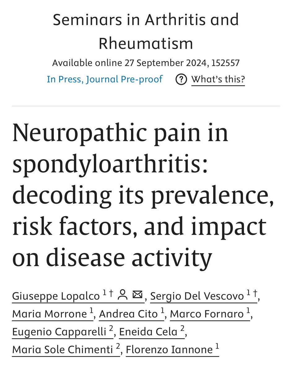 Giuseppe Lopalco (@giuseppelopalc2) on Twitter photo ๐ง New study alert! In collaboration with Prof. <a href="/ChimentiSole/">Maria Sole Chimenti</a> we explored the prevalence & characteristics of neuropathic pain in #Spondyloarthritis, including axSpA, PsA, & peripheral SpA. ๐ฅ
<a href="/andrea_cit94/">Andrea Cito</a> <a href="/ChimentiSole/">Maria Sole Chimenti</a>
#Rheumatology #ChronicPain #SpA #Research ๐ง New study alert! In collaboration with Prof. <a href="/ChimentiSole/">Maria Sole Chimenti</a> we explored the prevalence & characteristics of neuropathic pain in #Spondyloarthritis, including axSpA, PsA, & peripheral SpA. ๐ฅ
<a href="/andrea_cit94/">Andrea Cito</a> <a href="/ChimentiSole/">Maria Sole Chimenti</a>
#Rheumatology #ChronicPain #SpA #Research