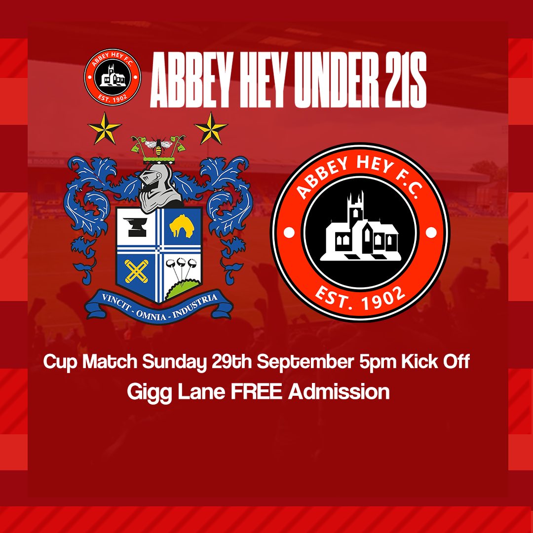 Next up… 🔴⚪️

Our under 21s travel to Gigg Lane tomorrow as they face Bury FC in the League cup! 

Kick off is 5pm and admission is FREE