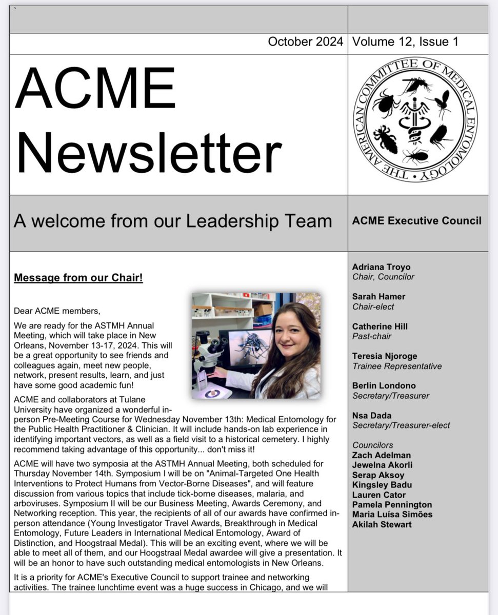 🗞 The ACME Newsletter Vol. 12(1) is out!
🔗 ➡️ astmh.org/subgroups/acct…

⭐️Messages from Chair <a href="/DrAdrianaTroyo/">Adriana Troyo 🔬🦟 🇨🇷</a> and Chair-Elect Sarah Hamer <a href="/hamer_lab/">HamerLab</a>
⭐️ACME symposia + networking <a href="/ASTMH/">ASTMH</a> Annual Meeting #TropMed24
⭐️funding opportunities
⭐️trainee corner
⭐️job announcements
+ more!