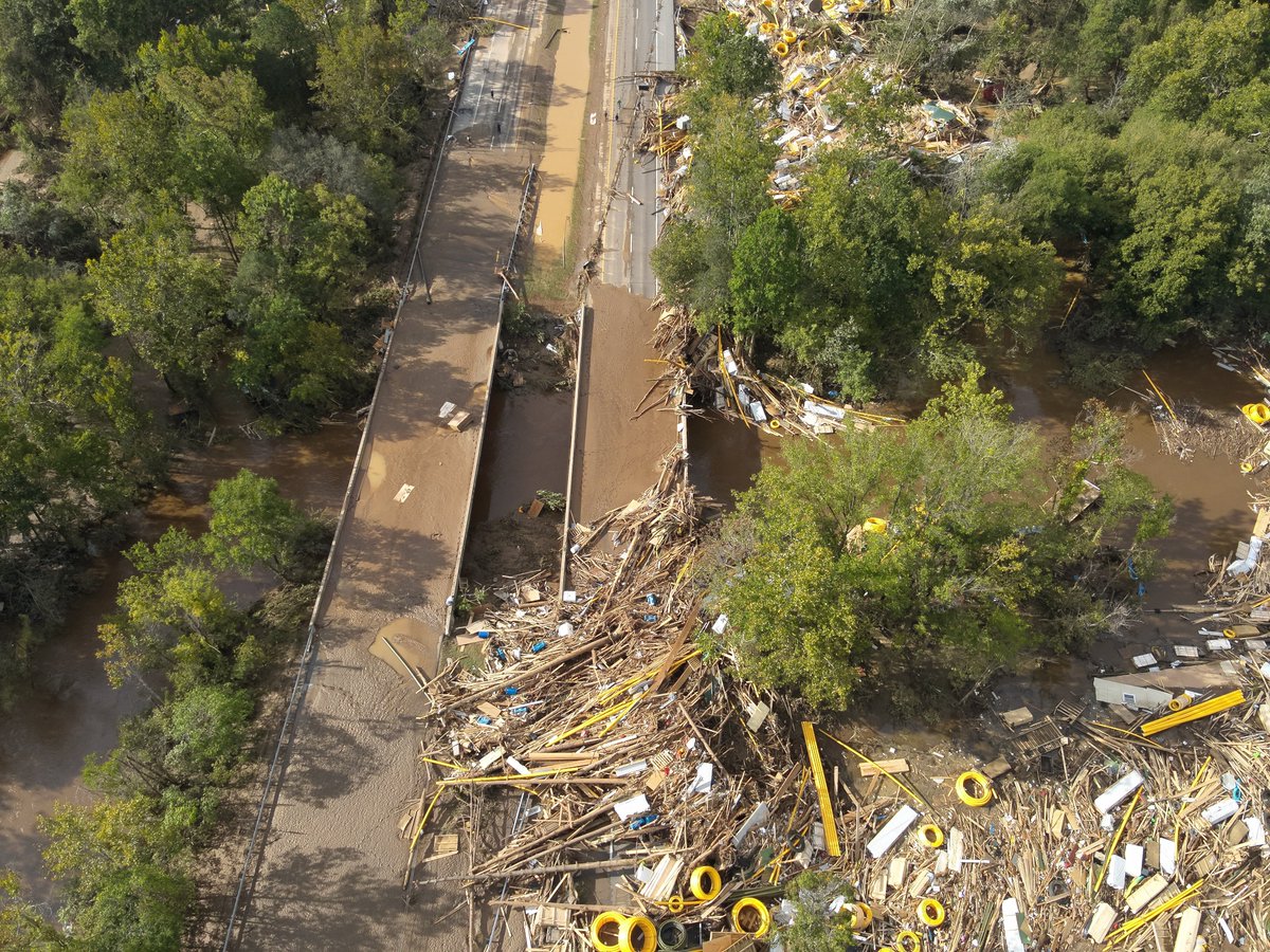 myTDOT's tweet image. These are photos from the Erwin/Unicoi County area. Aerial assessments are underway and we're sending our crews out to the hardest hit areas. #easttn #helene #stormcleanup #damage #roadconditions
