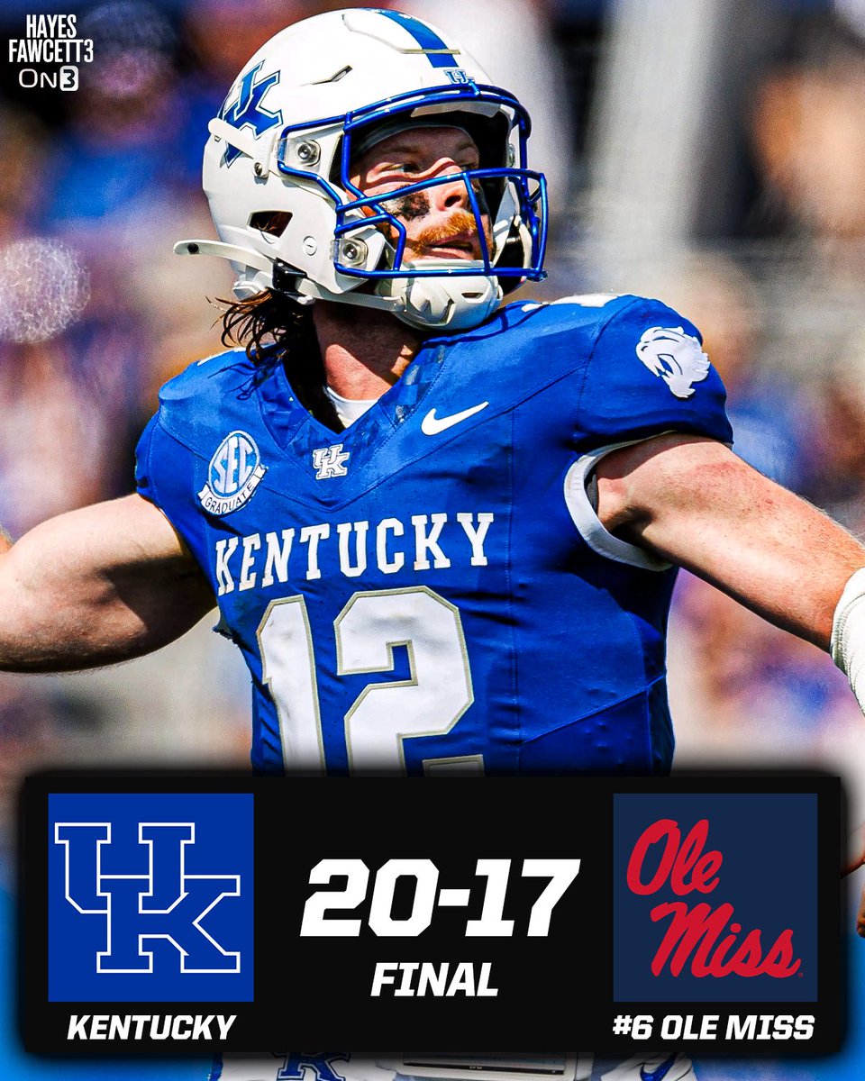 Hayesfawcett3's tweet photo. Kentucky UPSETS No. 6 Ole Miss 20-17 🤯

WHAT A GAME https://t.co/ceNx10Kkp3