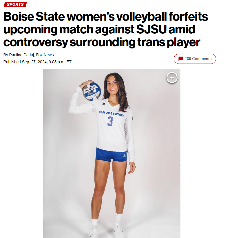 ErinInTheMorn's tweet photo. Boise State forfeited a volley match because of a transgender player on SJSU's team.

She was outed by one of her own teammates.

An article calls her "physically imposing."

She's not even listed as the best player on the team.

Anti-trans panic has got to stop. https://t.co/cr0ptNw52N