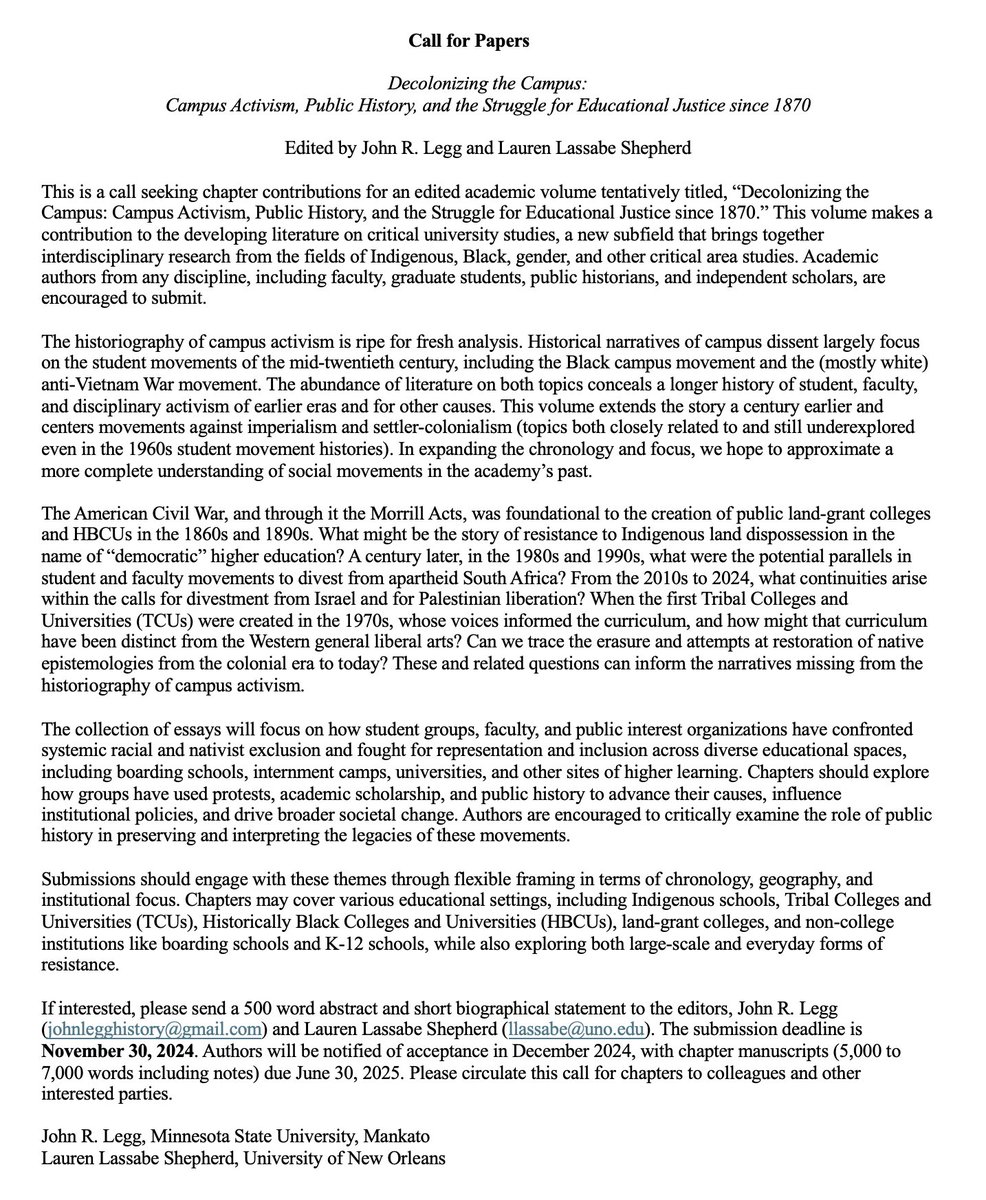 Dr. John R. Legg (@thejohnlegg) on Twitter photo I am pleased to share a CFP for an edited volume, Decolonizing the Campus, edited by myself and <a href="/llassabe/">Lauren Lassabe Shepherd</a>. Please reach out if you have any questions. I am pleased to share a CFP for an edited volume, Decolonizing the Campus, edited by myself and <a href="/llassabe/">Lauren Lassabe Shepherd</a>. Please reach out if you have any questions.