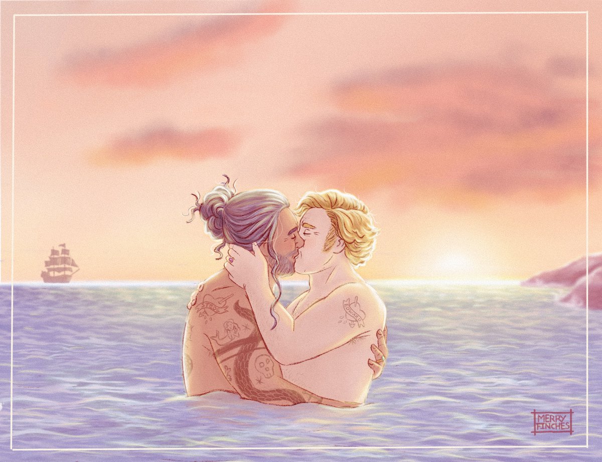 I just had to snatch up this lovely prompt of Ed and Stede sharing a sunset kiss, from <a href="/bUtterscUp95/">Lucy 🧜‍♂️❤️🍉 #WWDITSSpoilers</a> for <a href="/ofmdaction/">OFMD Gotcha for Gaza</a> 🥰💕 🇵🇸 

#OurFlagMeansDeath #ourflagmeansdeathfanart