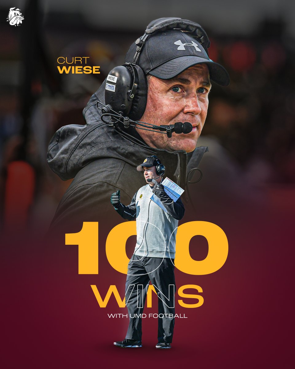 UMD_Football's tweet image. With that win, Bulldog head coach Curt Wiese now has 100 career wins at UMD. He is now tied for the second  most wins by a head coach in program history. Congrats, Coach!
