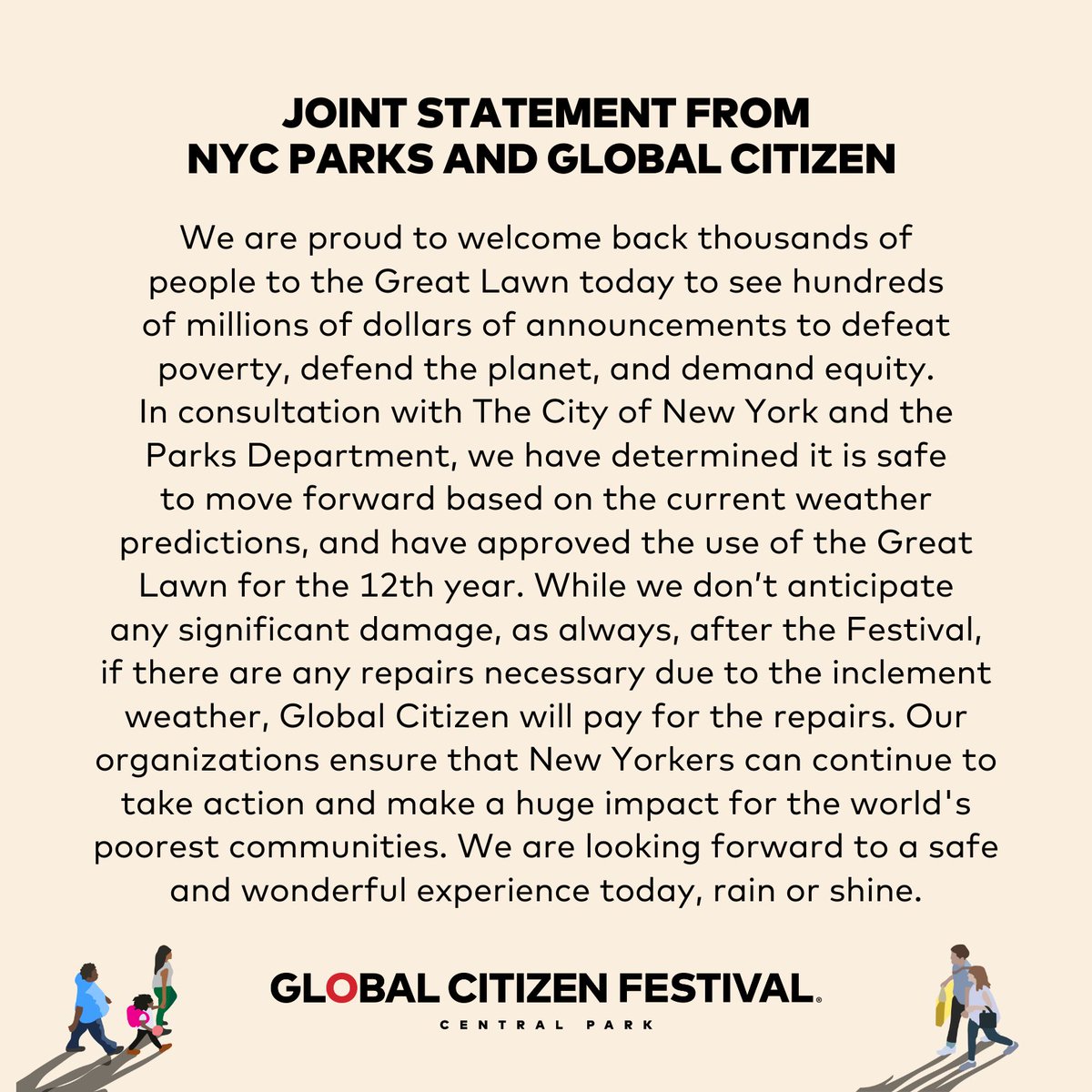Joint statement from <a href="/NYCParks/">NYC Parks</a> and Global Citizen ⬇️  #GlobalCitizenFestival