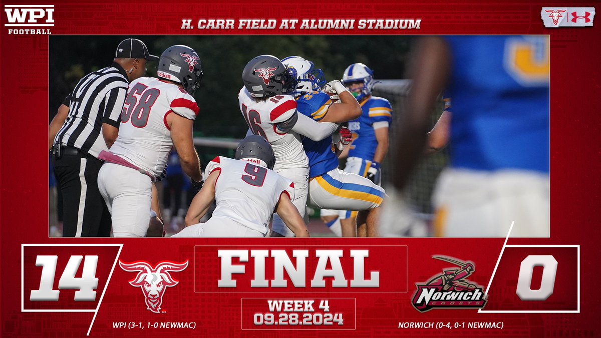 WPIAthletics's tweet photo. WPI WINS! 
WPI WINS!
WPI WINS!

@WPIFootball kicks off the NEWMAC schedule with a 14-0 \/\/ over Norwich at home! 

Box score now, recap soon! ⤵️
📊↠https://t.co/kG1kI7QACy

🏈𝚡🐐
#GoatNation #d3fb https://t.co/sRXgix7BrY