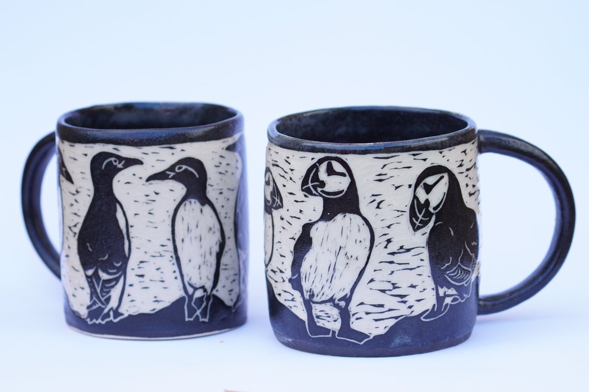 A busy few months at the pottery studio exploring sgraffito, sculpting, and painting. Always sticking to the bird theme of course! Finally found some time to photograph and list my mugs and plates 🐧thepuffinsburrow.etsy.com