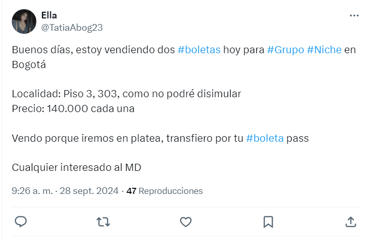 Merpen13's tweet photo. 🚨 ¡ATENCIÓN! 🚨Hoy compré dos boletas para el concierto de Grupo Niche a esta cuenta: @TatianaAbogada2 por 280 mil pesos. https://t.co/eB32HXaAyx
