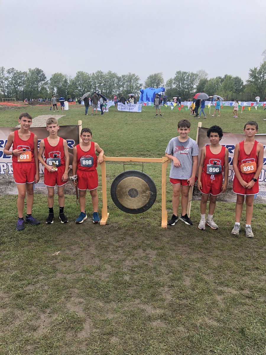 SMSBoysXC's tweet photo. SMS Boys Cross Country finished 8th at the Berlin Bear Dash. Greyson Lackey (11:27) finished 3rd. The entire team ran a personal best and got to hit the PR gong! https://t.co/gn6Eh2cjt5