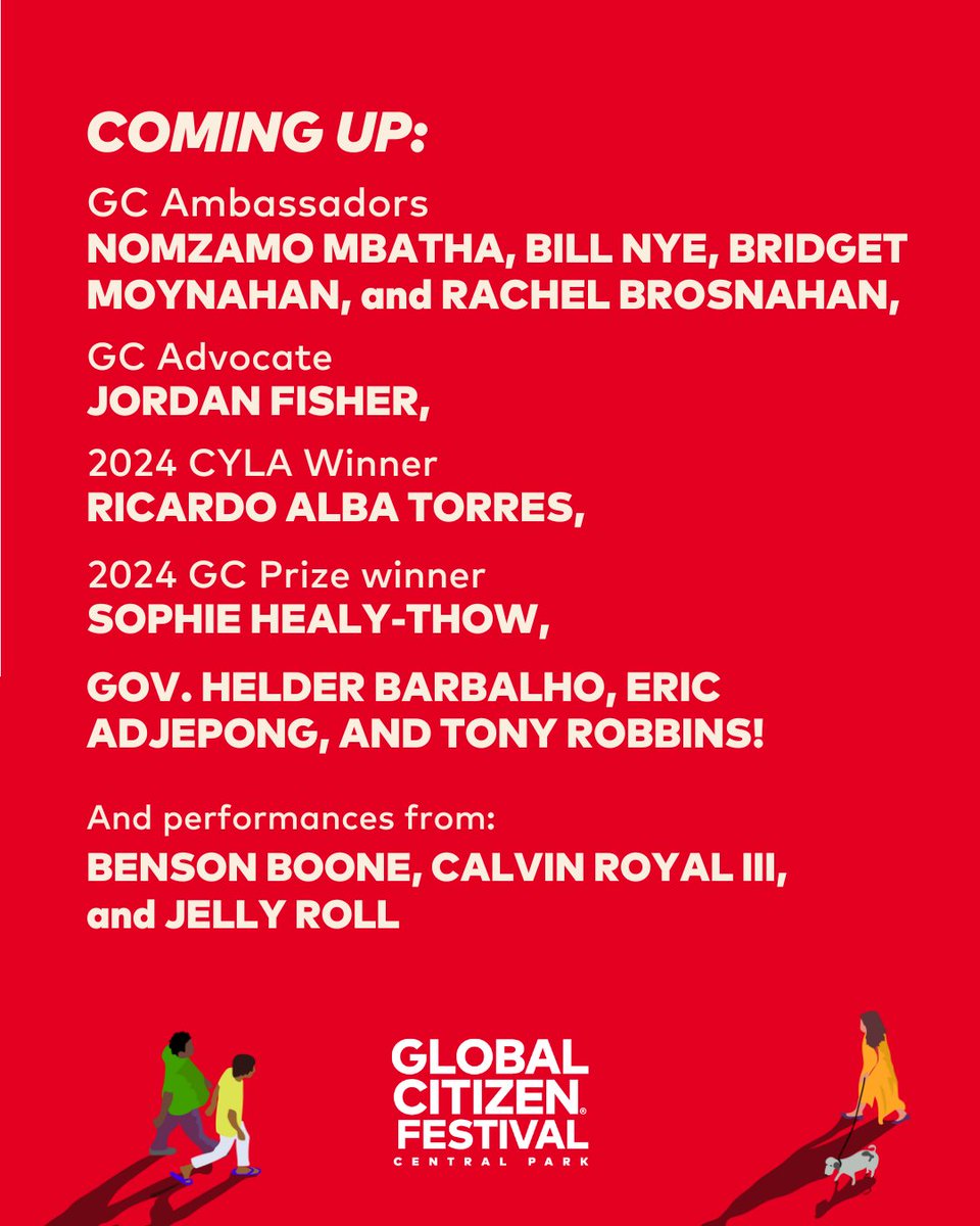 GlblCtzn's tweet photo. COMING UP: Performances by @bensonboone, @CalvinRoyalIII, and @jellyroll615 and appearances by GC Ambassadors @NomzamoMbatha, @billnye, @bridgetmoynahan, and #RachelBrosnahan, GC Advocate @jordanfisher, 2024 #CYLA winner #RicardoAlbaTorres, and 2024 #GCPrize winner @SophieHealyThow; plus, Gov. @helderbarbalho, @ChefAdjepong, and @TonyRobbins! โจ #GlobalCitizenFestival