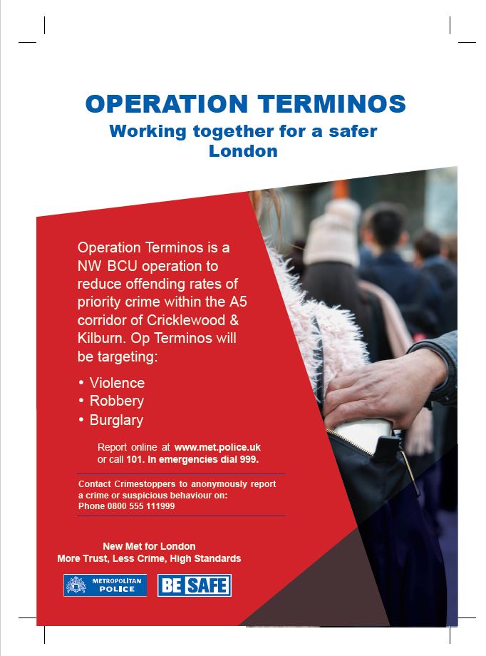 Operation TERMINOS Update! In August 4 arrests have been made related to Burglary and Drug offences, 10 stop and searches, 13 Intel reports, 3 Joint street operations with Brent Council, also 4 Criminal Protection warning/notices issued.