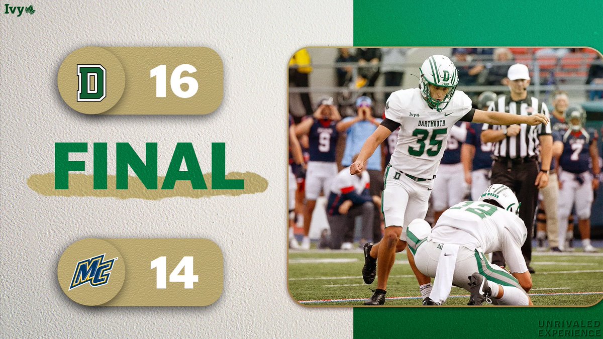 IvyLeague's tweet photo. GAME WINNER FOR ZALC. 

Owen Zalc connected on a 32-yard field goal with three seconds remaining to lift @DartmouthFTBL over Merrimack 16-14. The sophomore connected on three field goals in the win. 🌿🏈 https://t.co/uuNRB3qzfA