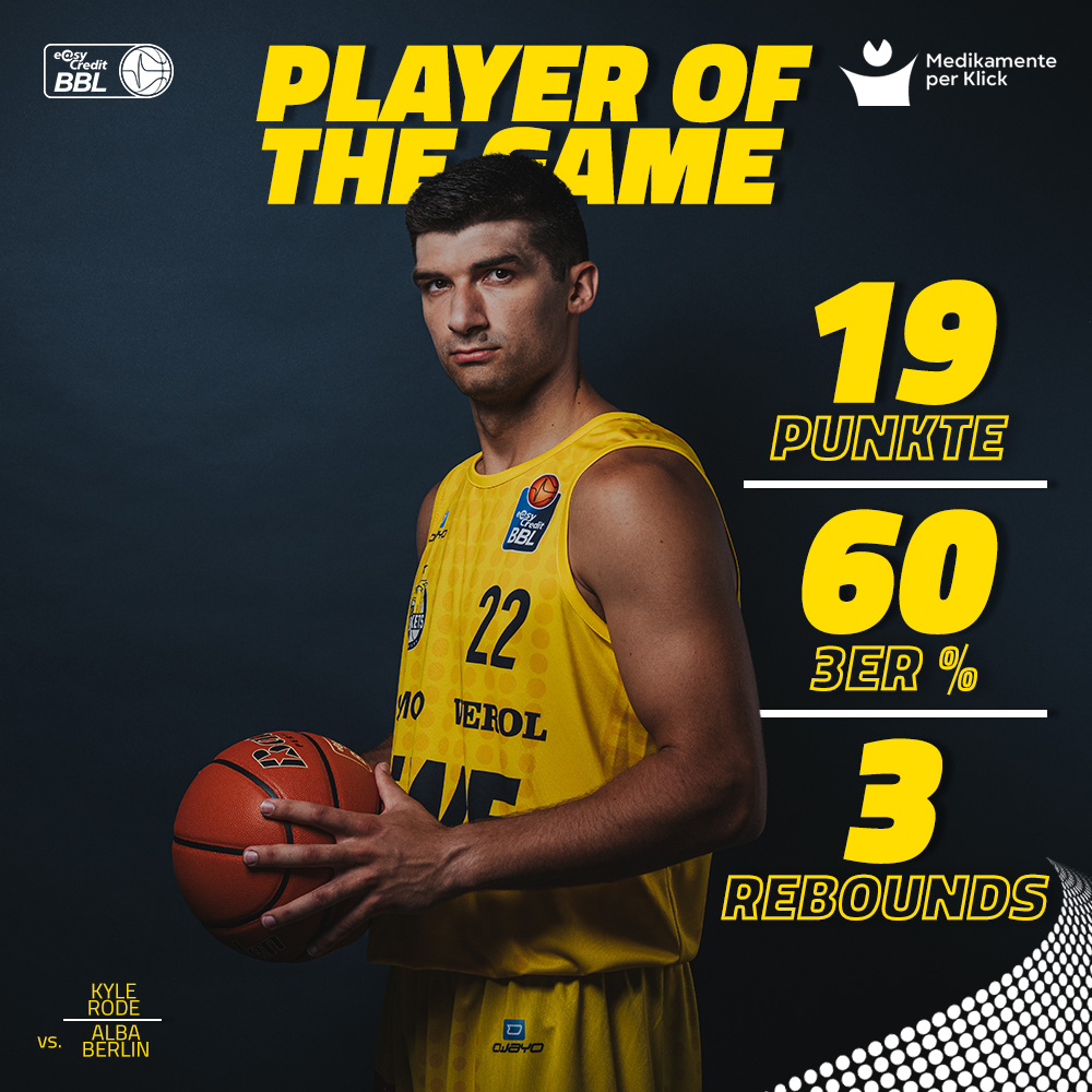 EWE_Baskets's tweet photo. Wir fahren mit einer deutlichen Niederlage aus Berlin zurück, ein Spieler zeigte allerdings eine bemerkenswerte Premiere in der @easyCreditBBL: @KyleRode unser Player of the Game presented by @mpkapotheke 

Alle Spiele der @easyCreditbbl seht Ihr live bei @dynsports 👉 https://t.co/hDpuZYknOf
#Gameday #Spieltag #DYN #TV #Live #Broadcast #DasIstOldenburg #Basketball #Bundesliga #BBL #EWEBaskets #Oldenburg