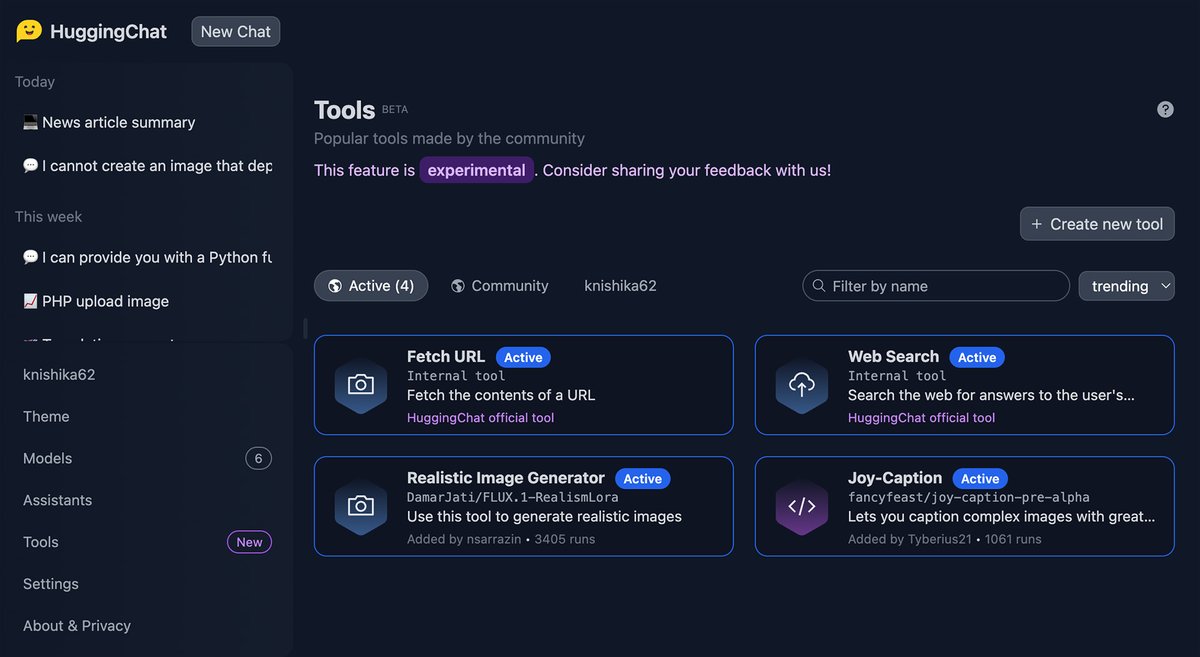 PhotogenicWeekE's tweet image. #HuggingChat がUpdateしてToolsが使える様に♪順に #FLUX.1 [dev] で画像生成、#JoyCaption、URLからの要約。他にもツール山盛り！もちろんLLMもLlama-3.1-70B-Instructとか使える(3.2待ちw)。これで無料ならこっちでいいのでは！？(笑)