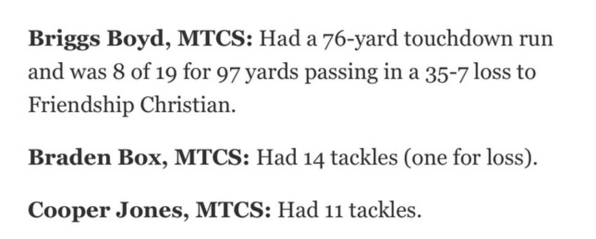 Cooper Jones (@cooperjones_11) on Twitter photo Thank you for the mention! Not the outcome we wanted but we are working hard to get better every week.
<a href="/CoachPetey66/">Coach Peterson</a> <a href="/MikeGeren1/">Coach Geren</a> <a href="/MTCSFB/">MTCS Football</a> <a href="/cecil_joyce/">Cecil Joyce</a> <a href="/RawlsCoach/">Coach Rawls Sr</a> Thank you for the mention! Not the outcome we wanted but we are working hard to get better every week.
<a href="/CoachPetey66/">Coach Peterson</a> <a href="/MikeGeren1/">Coach Geren</a> <a href="/MTCSFB/">MTCS Football</a> <a href="/cecil_joyce/">Cecil Joyce</a> <a href="/RawlsCoach/">Coach Rawls Sr</a>